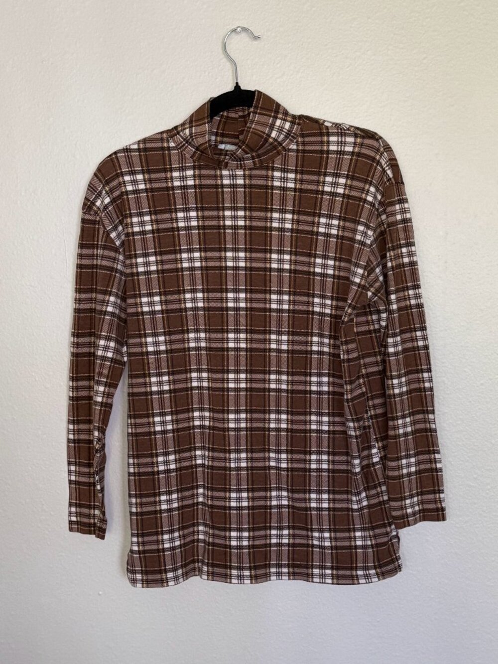 Vtg White Stag Plaid Mock Neck Top Womens Medium Brown Cotton Turtleneck 90s